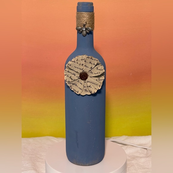 Hand Crafted Other - Decorative Blue Denim Inspired Bottle with Flower & Bee Charm Accent